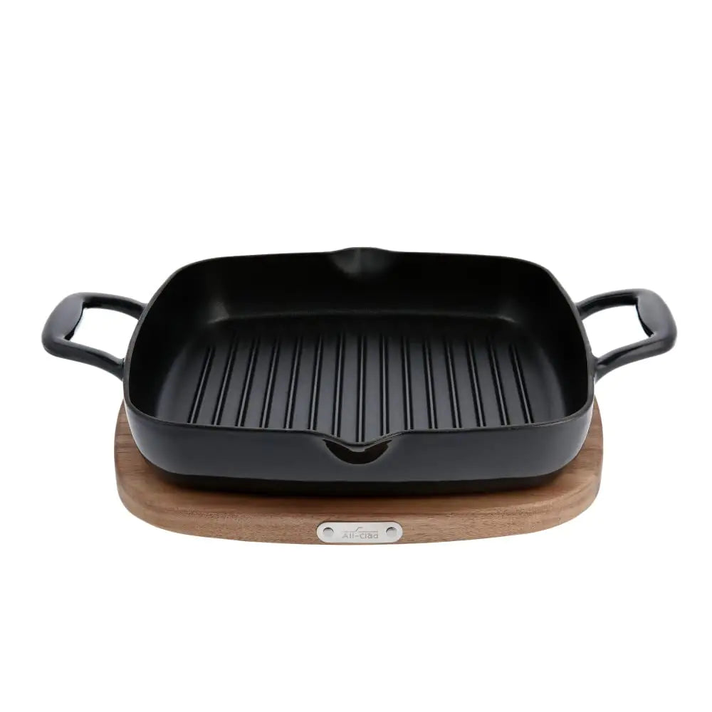 All-Clad Cast Iron Enameled Square Grill with Acacia Trivet 11 Inch Induction Oven Broiler Safe 650F Pots and Pans Cookware Black