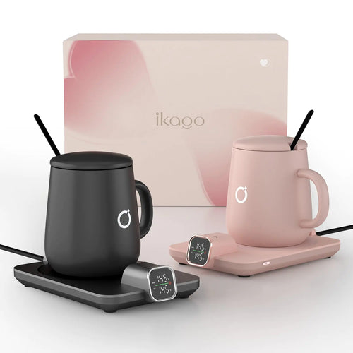 2Pc Heated Coffee Mug Warmer & Mug Set (Dark Grey and Pink)- Heated Mug Warmer Plates with Auto Shut Off 1°F Precise Electric Coffee Mug Warmer Plates for Desk